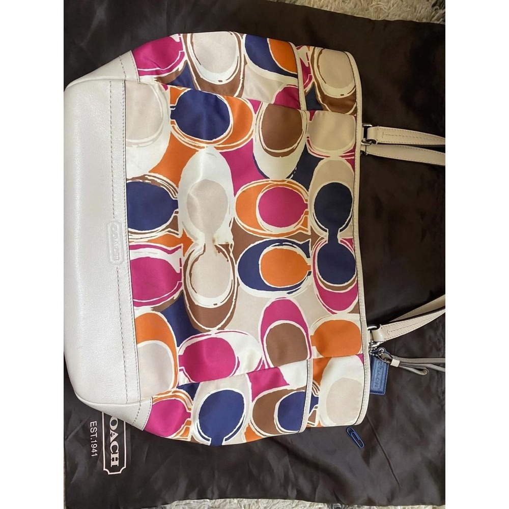 COACH Signature Scribble Tote Bag Handbag Multicolor Canvas Leather Tote Shoulde